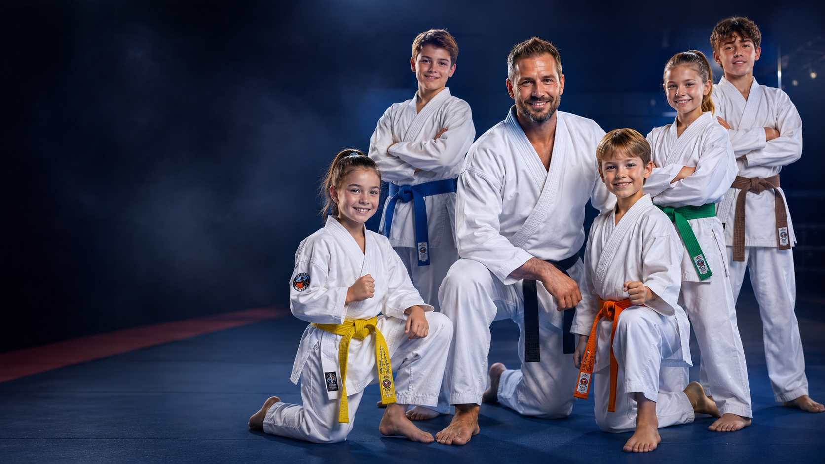 Trener z uczniami karate w pasach z logo klubu